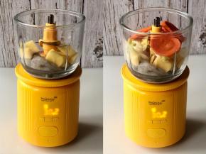 把虾仁放入百乐思称重料理机，在分别放入30克的土豆和胡萝卜，放入挤干水分的娃娃菜，称重和搅拌二合一，而且是无线的，非常方便。