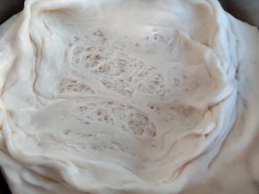 第二天一早，将面团从冰箱取出回温至少半小时。面团要发到2倍-2.5倍大的，可以扒开看看，有明显的大孔洞就发酵好了。