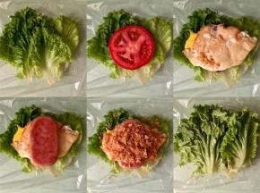 准备一张保鲜膜，放上2～3片生菜叶，然后依次放上西红柿片、煎蛋、午餐肉片、肉松，然后再盖上2片生菜叶；