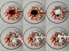 在鸡肉中加入1勺料酒、1勺生抽、1勺淀粉、1小勺胡椒粉，1小勺盐。