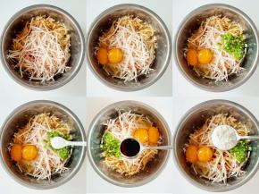 在土豆丝中加入蟹柳丝，打入两个鸡蛋，加入葱花、加1小勺盐、1勺生抽和2勺面粉。