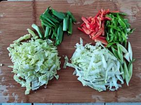 准备配菜。这个随各人喜好，家里有什么放什么好了。大白菜菜帮和菜叶部分分开，青蒜的蒜白和蒜叶部分也是分开的，因为一会辣椒丝和蒜白大白菜帮子要先煸炒一下。