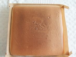 烤箱中的蛋糕胚烤完后取出，振出热气后，转移到冷凉架上冷凉，盖上油纸防止表皮被吹干。微温后可以倒扣，撕掉底部的油布！