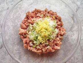 将大葱和生姜分别切成碎末放在肉馅上。