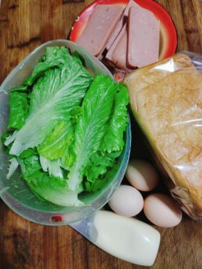 准备好所需的材料:

吐司面包6片，鸡蛋3个，沙拉酱适量，生菜适量，双汇火腿肠1根！