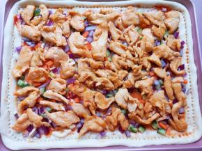 铺上一层炒熟的鸡脯肉。 