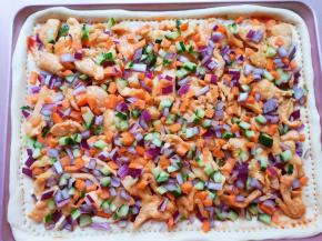 再撒上另一半的胡萝卜、黄瓜和洋葱丁。