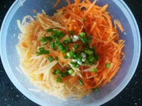 杀过水的土豆和胡萝卜里。加入葱花