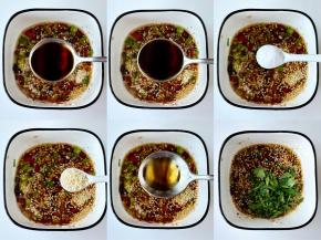 碗里的食材泼油后，再在碗中加入一勺生抽、一勺醋、一茶匙白糖、一茶匙鸡精，半勺香油，一勺香菜碎，然后拌匀。