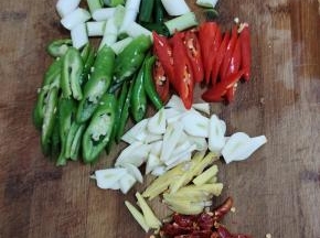 青红辣椒切成小块，蒜瓣切成片，生姜切成丝，干辣椒切成段备用！