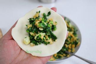 取一块面皮，放入适量的韭菜鸡蛋馅料。馅料一定要放凉，如果热的韭菜鸡蛋，有热气包裹的韭菜盒子，容易漏馅、剥皮、粘锅。