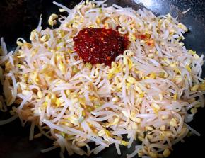 放入黄豆芽同时放入这道美味的灵魂调味料郫县豆瓣酱