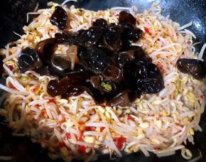 黄豆芽郫县豆瓣酱炒匀放入木耳一起炒