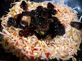 黄豆芽郫县豆瓣酱炒匀放入木耳一起炒