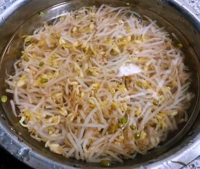 焯好水的黄豆芽立即放入冷水中过凉冲洗干净