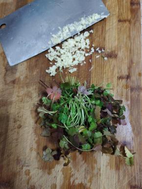 蒜瓣切成蒜末，香菜洗净切成段备用！