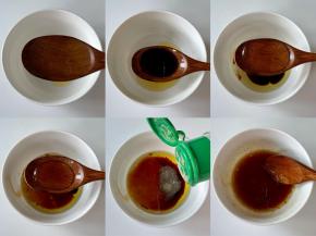 调配油醋汁：碗里加1勺橄榄油、2勺苹果醋、1勺生抽、1勺蜂蜜、少许黑胡椒粉拌匀。