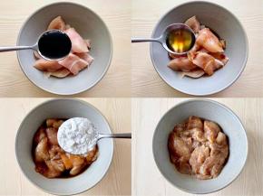 鸡胸肉放入大碗中，加入1勺生抽、1勺料酒、一勺淀粉，抓匀，腌制30分钟；