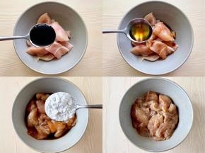 鸡胸肉放入大碗中，加入1勺生抽、1勺料酒、一勺淀粉，抓匀，腌制30分钟；