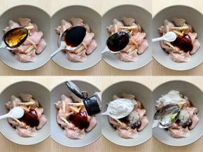 在碗中加入1勺料酒、1勺生抽、1勺蚝油、1小匙盐、1小匙糖、少许胡椒粉、1勺淀粉、1勺植物油；