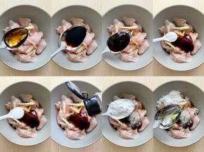 在碗中加入1勺料酒、1勺生抽、1勺蚝油、1小匙盐、1小匙糖、少许胡椒粉、1勺淀粉、1勺植物油；