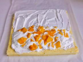 将奶油馅均匀涂抹在蛋糕上，再放上切好的芒果块。