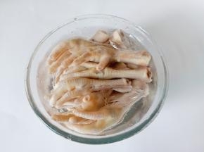 煮好的鸡爪放入冰水中浸泡，让鸡爪更加q弹。