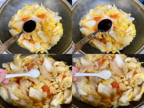 白菜煮软后，加一勺生抽、一勺蚝油、一小勺盐、一小勺鸡精，翻炒均匀。

