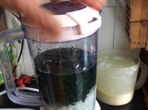 浸泡好的糙米洗净沥水，同艾叶和清水一起放入料理机中