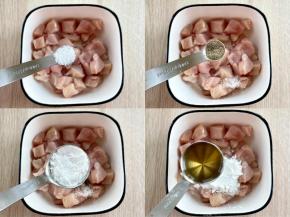 鸡肉丁中加入一小勺盐，一小勺黑胡椒粉、一勺玉米淀粉、一勺料酒，抓匀。