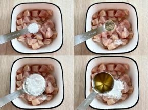 鸡肉丁中加入一小勺盐，一小勺黑胡椒粉、一勺玉米淀粉、一勺料酒，抓匀。