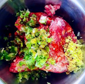 新鲜的猪肉馅放入调料葱姜末、一品鲜酱油、蚝油、糖、盐、味精