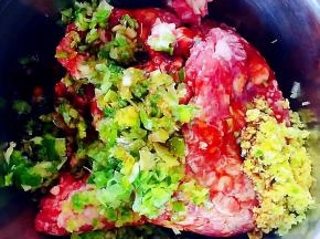新鲜的猪肉馅放入调料葱姜末、一品鲜酱油、蚝油、糖、盐、味精