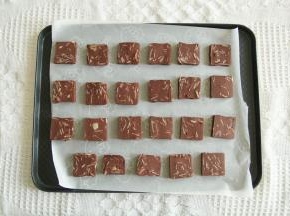 烤盘垫油纸，饼干胚均匀排列，大概切成23块。