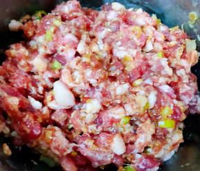 新鲜的猪肉剁成肉馅放入葱姜末一品鲜酱油、蚝油搅拌均匀煨制二十分钟入味