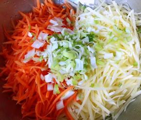 处理好的土豆、胡萝卜、葱放入容器中