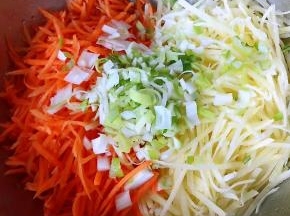处理好的土豆、胡萝卜、葱放入容器中