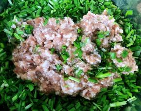 韭菜摘好洗净沥干水份切成小段放入容器中再放入入味的肉馅