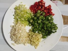 蒜瓣剁成蒜末，生姜切成末，葱切成葱花，小米辣和尖椒切成圈！（不能吃辣椒的朋友可以少放一点，或者不放辣椒，再多放一点儿蒜末进去，做成蒜香味儿的，也可以哦！）