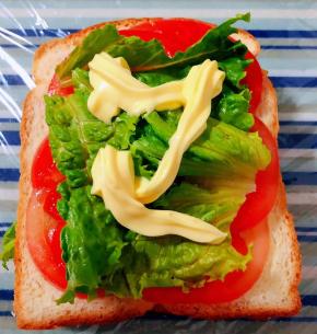 同样摆上一片吐司均匀的摆上番茄片在摆上生菜淋上沙拉酱