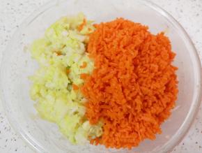 用粗纱布包住白菜碎末，挤去多余的水分，和胡萝卜一起放在肉馅里，搅拌均匀。 