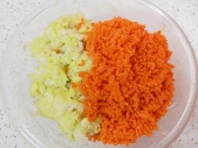 用粗纱布包住白菜碎末，挤去多余的水分，和胡萝卜一起放在肉馅里，搅拌均匀。 