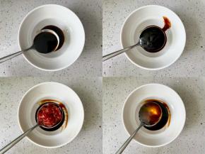 调配照烧汁：碗中加入2勺生抽、1勺蚝油、1勺番茄酱、1勺蜂蜜，搅拌均匀