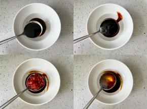 调配照烧汁：碗中加入2勺生抽、1勺蚝油、1勺番茄酱、1勺蜂蜜，搅拌均匀