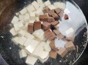 水烧开，放入一勺盐，再放入切好的豆腐和鸭血！（这样可以去除豆腐里面的豆腥味儿，也可以防止豆腐和鸭血在一会儿炖煮的时候煮碎了！）