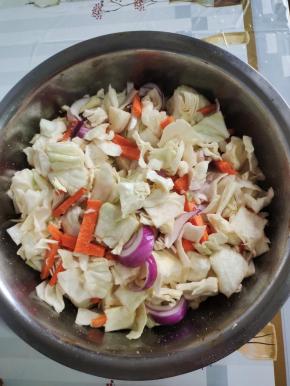 包菜洗净切成小块，胡萝卜洗净切成条，洋葱洗净切成条，放入适量的盐，翻拌均匀腌制半个小时！（盐比平时炒菜稍微多一点就可以了！）