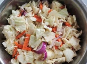 包菜洗净切成小块，胡萝卜洗净切成条，洋葱洗净切成条，放入适量的盐，翻拌均匀腌制半个小时！（盐比平时炒菜稍微多一点就可以了！）