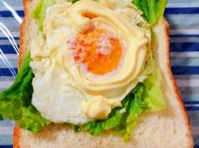 同样摆上一片吐司摆上生菜再放一个鸡蛋淋上沙拉酱