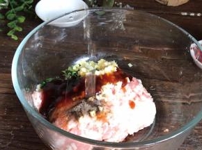 肉末中加入盐、胡椒粉、味精、葱姜蒜末、生抽、蚝油、料酒拌匀腌制一会儿