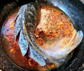 先立放鲤鱼入锅让鲤鱼腹部先入味